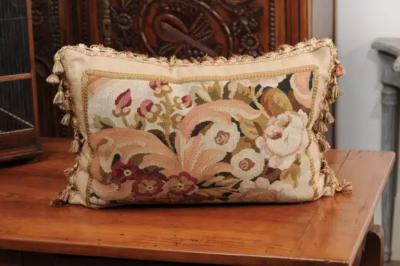 Pillow Made from a 19th Century French Tapestry with Floral D cor and Tassels