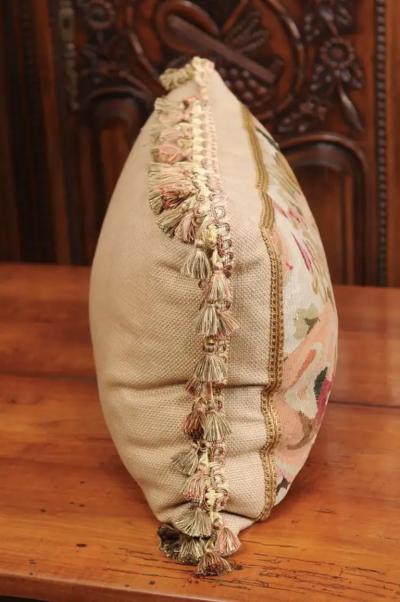 Pillow Made from a 19th Century French Tapestry with Floral D cor and Tassels