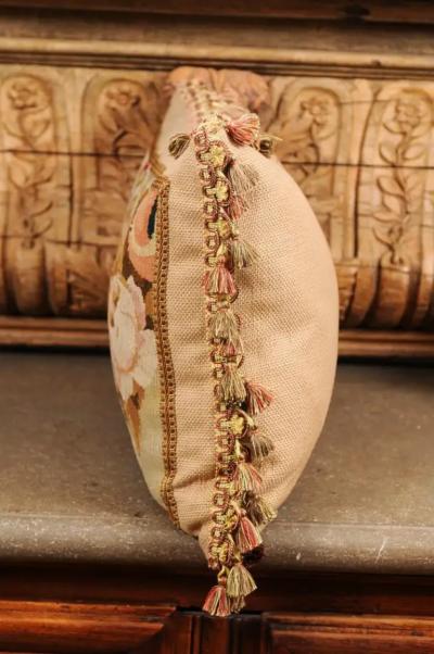 Pillow Made from a 19th Century French Tapestry with Floral D cor and Tassels