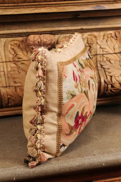 Pillow Made from a 19th Century French Tapestry with Floral D cor and Tassels