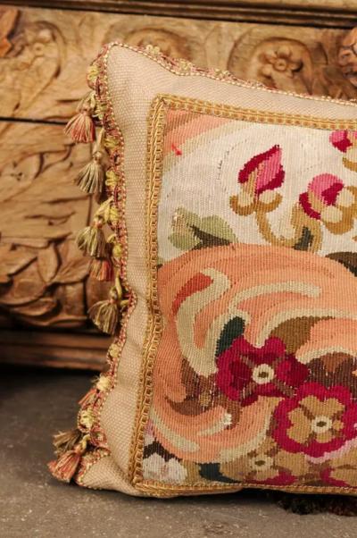 Pillow Made from a 19th Century French Tapestry with Floral D cor and Tassels