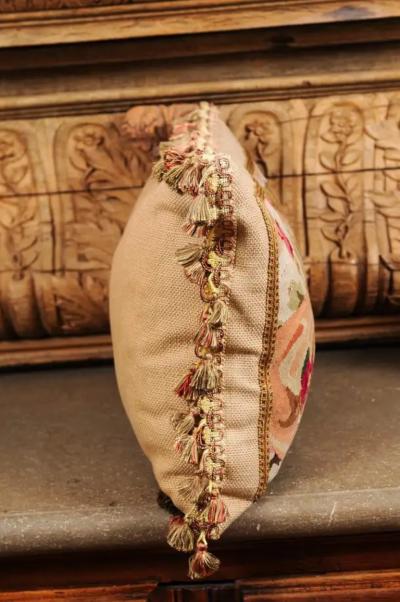 Pillow Made from a 19th Century French Tapestry with Floral D cor and Tassels