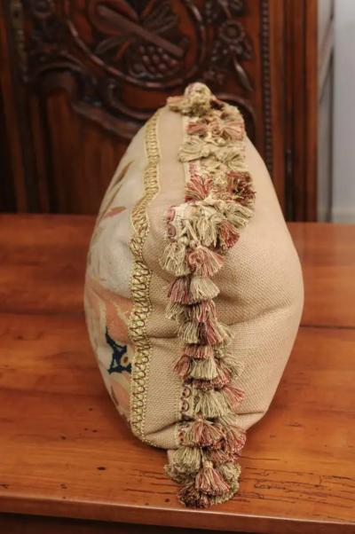 Pillow Made from a 19th Century French Tapestry with Floral Decor and Tassels