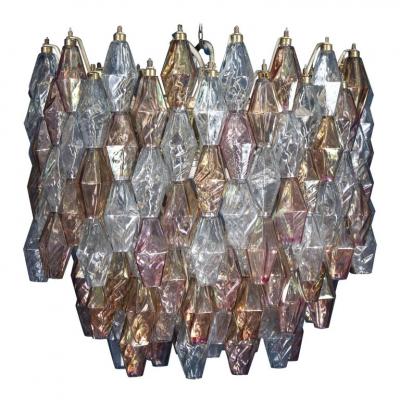 Pink Iridescent and Clear Oval Shaped Poliedri Chandelier 1955