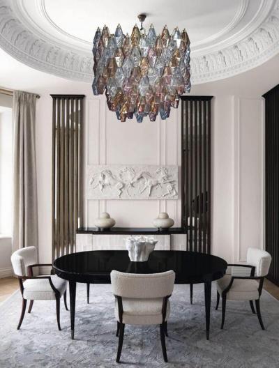 Pink Iridescent and Clear Oval Shaped Poliedri Chandelier 1955