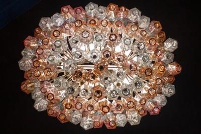 Pink Iridescent and Clear Oval Shaped Poliedri Chandelier 1955