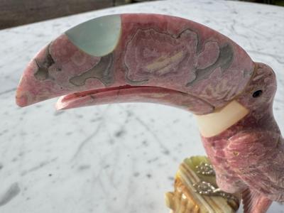 Pink Quartz Stone Toucan Parrot on Onyx Tree Stump