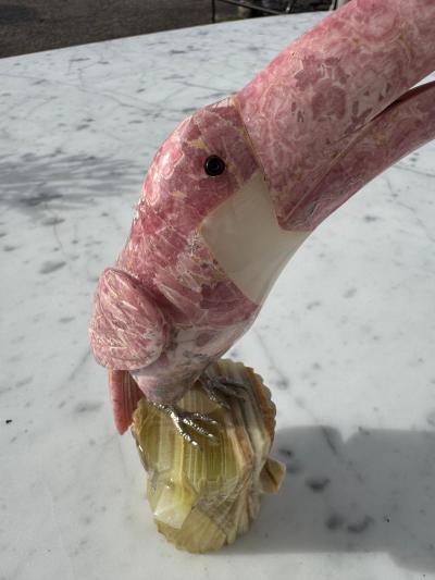 Pink Quartz Stone Toucan Parrot on Onyx Tree Stump