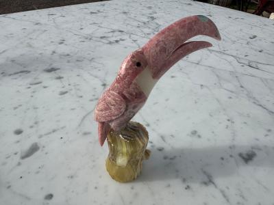Pink Quartz Stone Toucan Parrot on Onyx Tree Stump