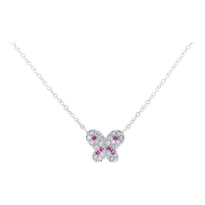 Pink Sapphire and Diamond Butterfly 14K White Gold Floating Pendant Necklace