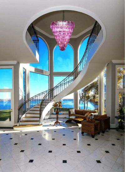Pink Shell Pair of Murano Glass Huge Chandelier 1980