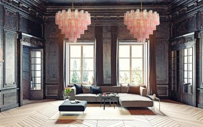 Pink and Clear Large Murano Glass Tronchi Chandelier or Ceiling Light