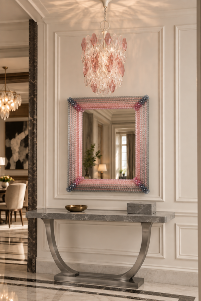 Pink and Grey Rectangular Venetian Murano Glass Mirror