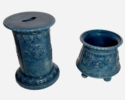 Planter with column in blue glazed earthenware St Amand France circa 1880 1900
