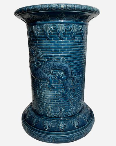 Planter with column in blue glazed earthenware St Amand France circa 1880 1900