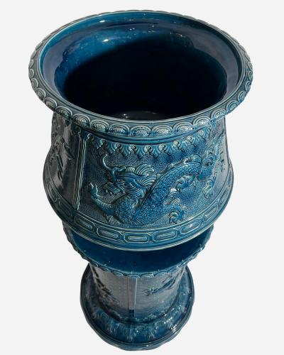 Planter with column in blue glazed earthenware St Amand France circa 1880 1900