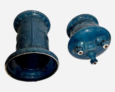 Planter with column in blue glazed earthenware St Amand France circa 1880 1900