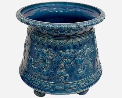 Planter with column in blue glazed earthenware St Amand France circa 1880 1900