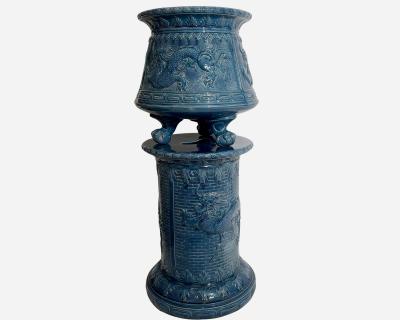 Planter with column in blue glazed earthenware St Amand France circa 1880 1900