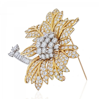 Platinum 18K Yellow Gold 22 Carat Diamond Flower Brooch