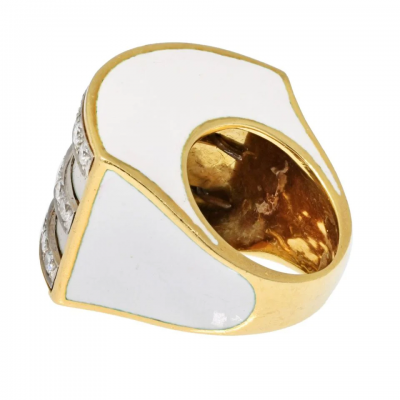 Platinum 18K Yellow Gold White Enamel Diamond Cocktail Ring