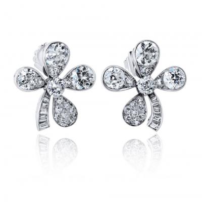 Platinum 4 Leaf Clover Style 8 67cts Old Euro Diamond Earrings