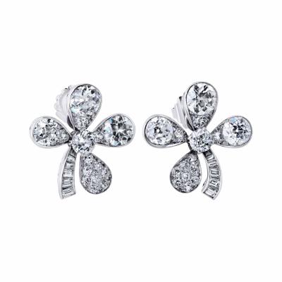 Platinum 4 Leaf Clover Style 8 67cts Old Euro Diamond Earrings