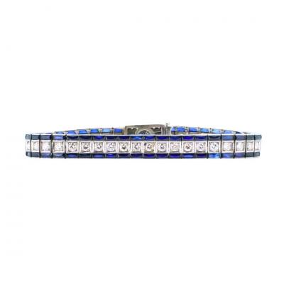 Platinum Art Deco Diamond Blue Stone Bracelet