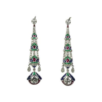 Platinum Diamond Sapphire Emerald Ruby Drop Earrings