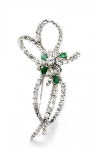 Platinum Green Emerald And 8 00 Carat Diamond Bow Brooch