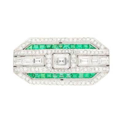 Platinum and 18K White Gold Brooch with Diamonds and Emerald