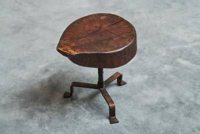 Playful Mid Century Stool or Side Table in Solid Wood and Wrought Iron 1950s