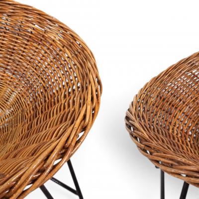 Pod Chairs Pair of Rattan Wicker Lounge Chairs on Metal Frame 1970
