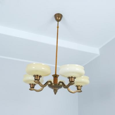 Pohjoismainen S hk Art Deco Pendant in Brass Birch Opaline Glass PSO Finalnd 1940s