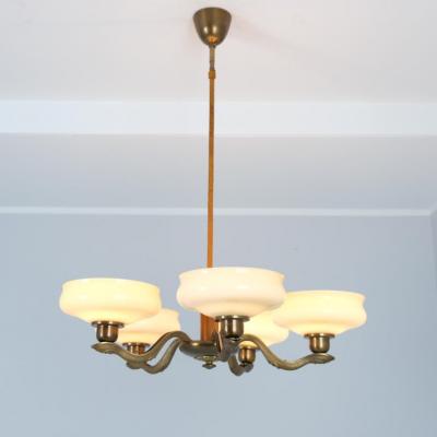 Pohjoismainen S hk Art Deco Pendant in Brass Birch Opaline Glass PSO Finalnd 1940s