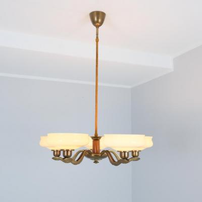Pohjoismainen S hk Art Deco Pendant in Brass Birch Opaline Glass PSO Finalnd 1940s