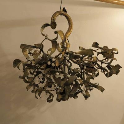 Polish Ball of Mistletoe Art Nouveau Bronze with Four Bulbs and Pearls Opaline