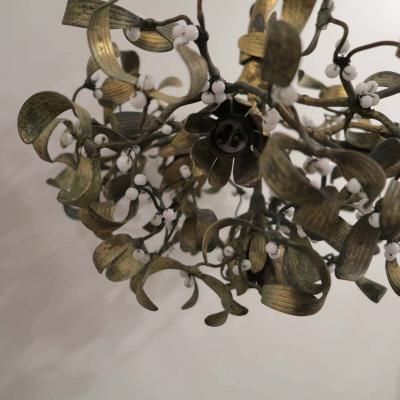 Polish Ball of Mistletoe Art Nouveau Bronze with Four Bulbs and Pearls Opaline