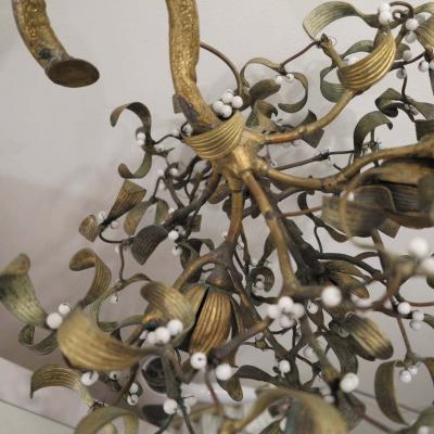 Polish Ball of Mistletoe Art Nouveau Bronze with Four Bulbs and Pearls Opaline