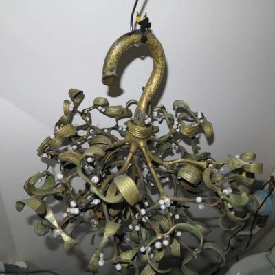 Polish Ball of Mistletoe Art Nouveau Bronze with Four Bulbs and Pearls Opaline