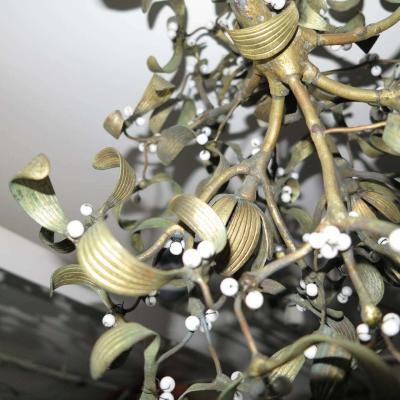Polish Ball of Mistletoe Art Nouveau Bronze with Four Bulbs and Pearls Opaline