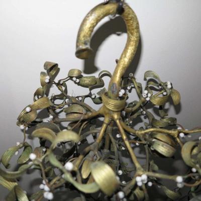 Polish Ball of Mistletoe Art Nouveau Bronze with Four Bulbs and Pearls Opaline
