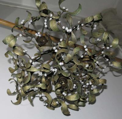 Polish Ball of Mistletoe Art Nouveau Bronze with Four Bulbs and Pearls Opaline