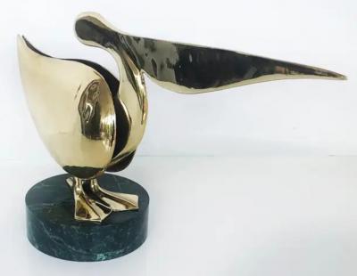 Polished Brass Stylized Pelican Sculpture on Marble Base