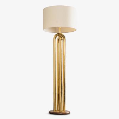 Polished Brass Tubular Floor Lamp with Walnut Base