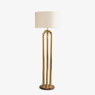 Polished Brass Tubular Floor Lamp with Walnut Base