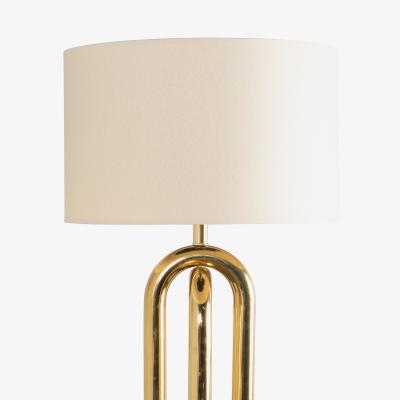 Polished Brass Tubular Floor Lamp with Walnut Base