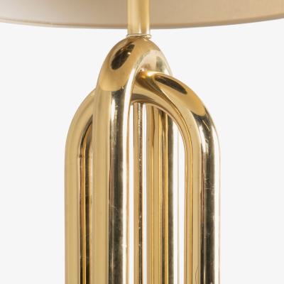 Polished Brass Tubular Floor Lamp with Walnut Base
