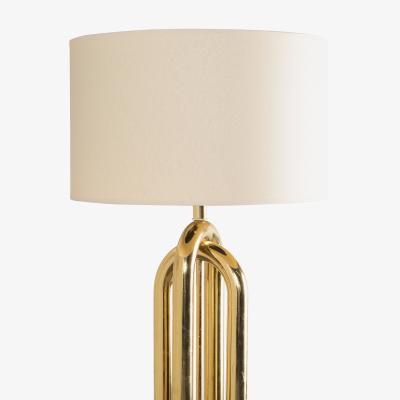 Polished Brass Tubular Floor Lamp with Walnut Base