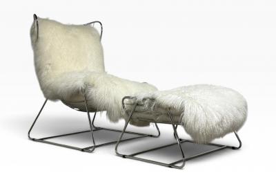 Polished Stainless Steel and Shearling Chair and Ottoman 2000s